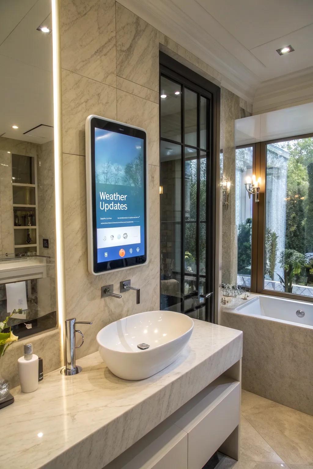 An intelligent mirror enhances a modern bathroom with its interactive display and fashionable design.