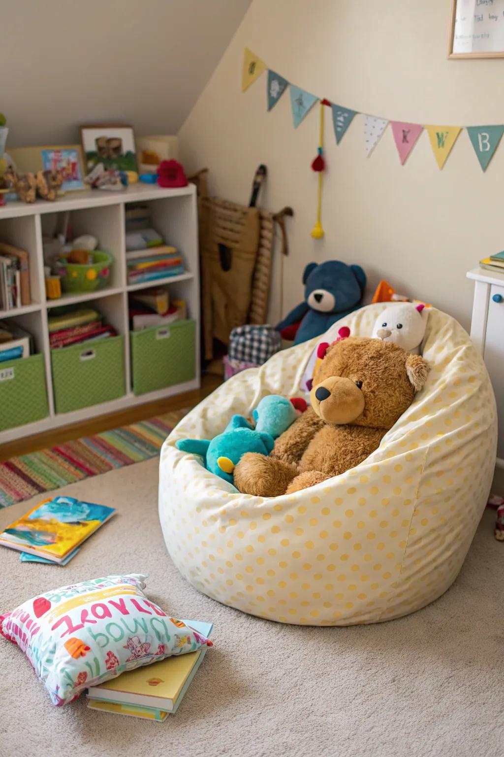 Bean bag chairs serve as both seating and storage.