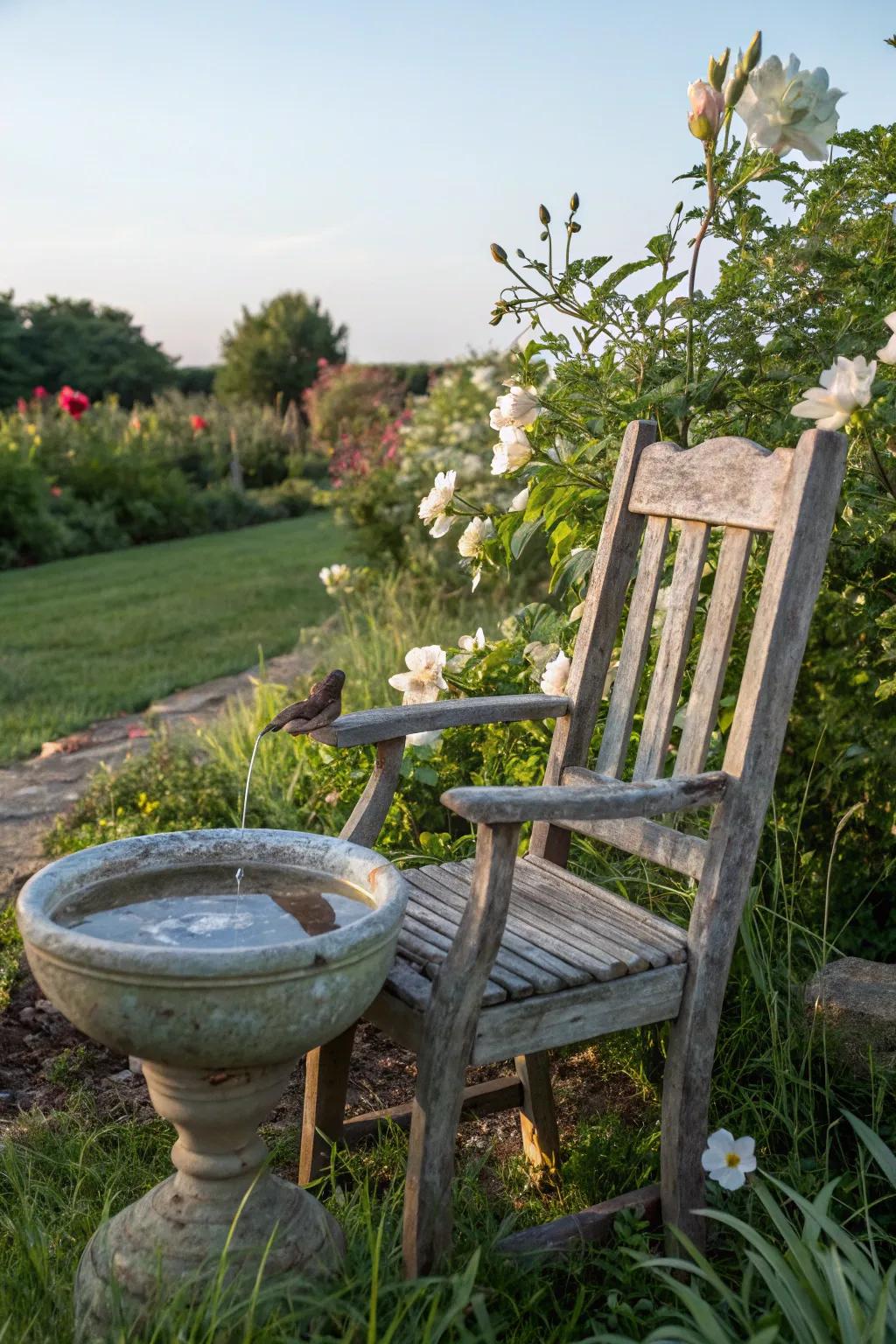 A seat turned bird bath delivering a unique garden charm.