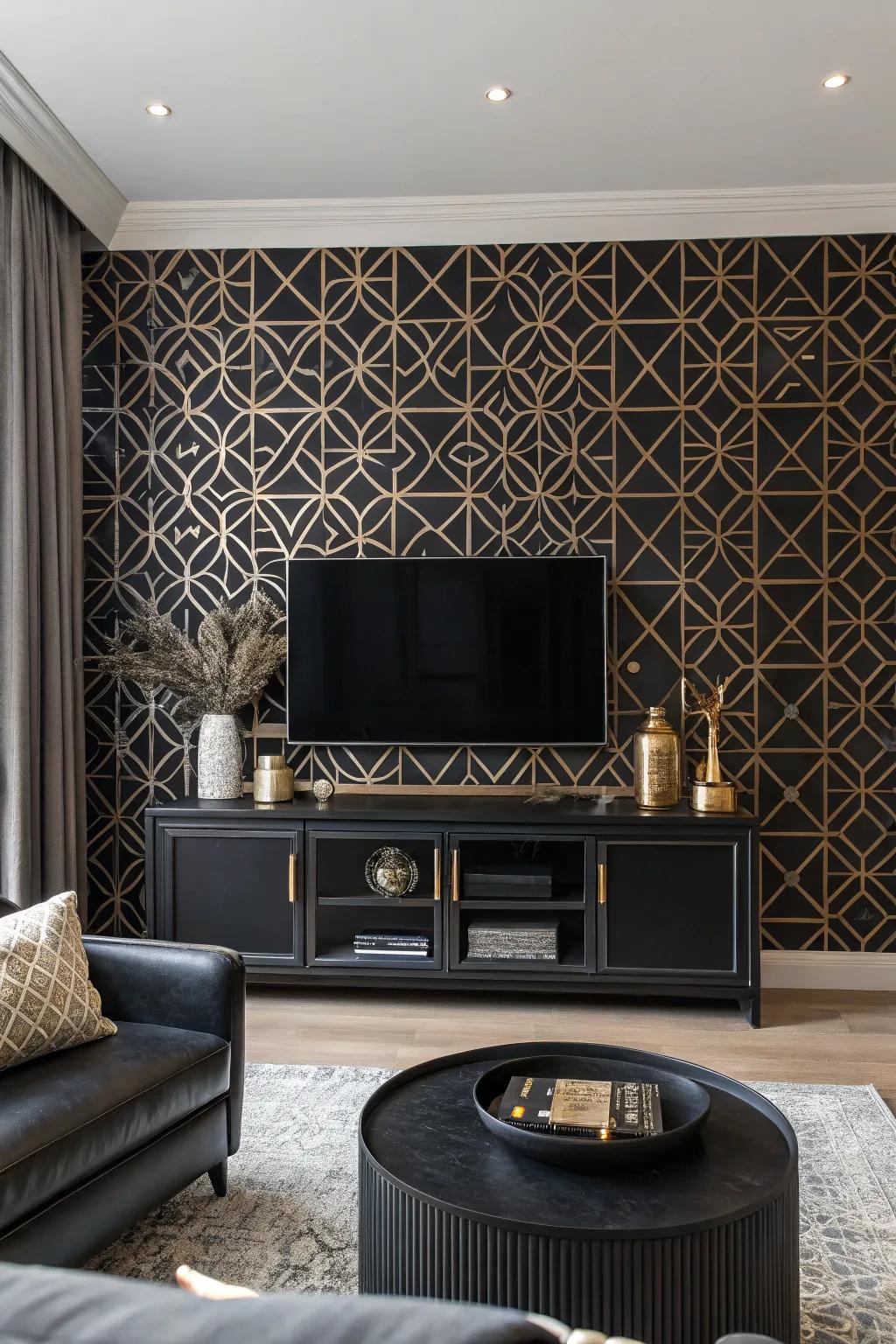 Patterned wallpaper creates intrigue on a black accent wall.