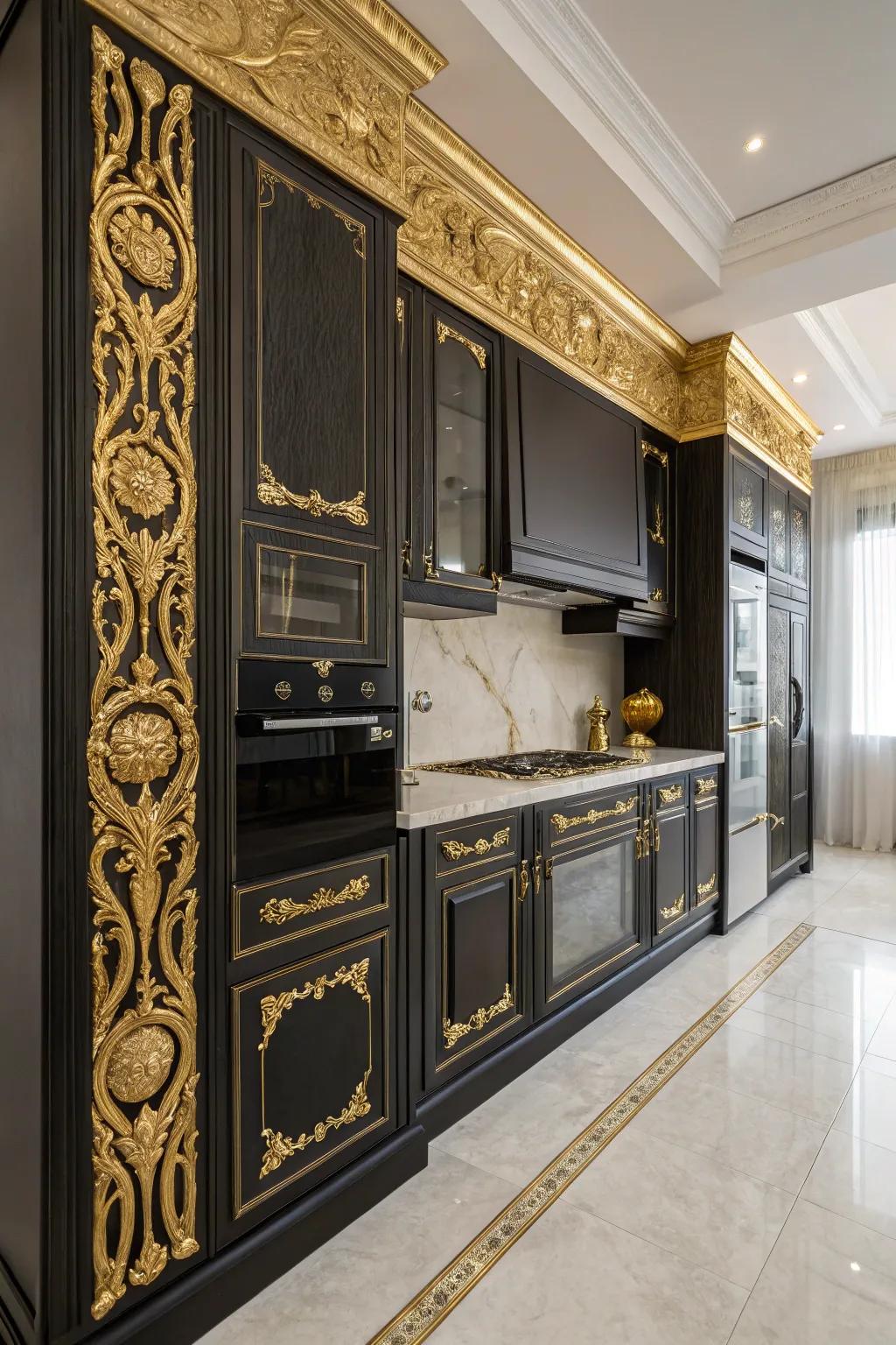 Gilded leaf details bring grandeur to this kitchen.