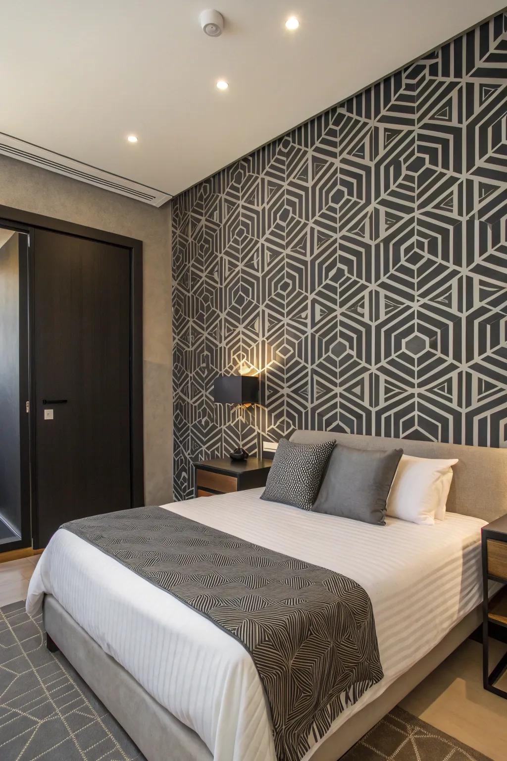 A bedroom with shape patterned wallpaper in onyx and gray.