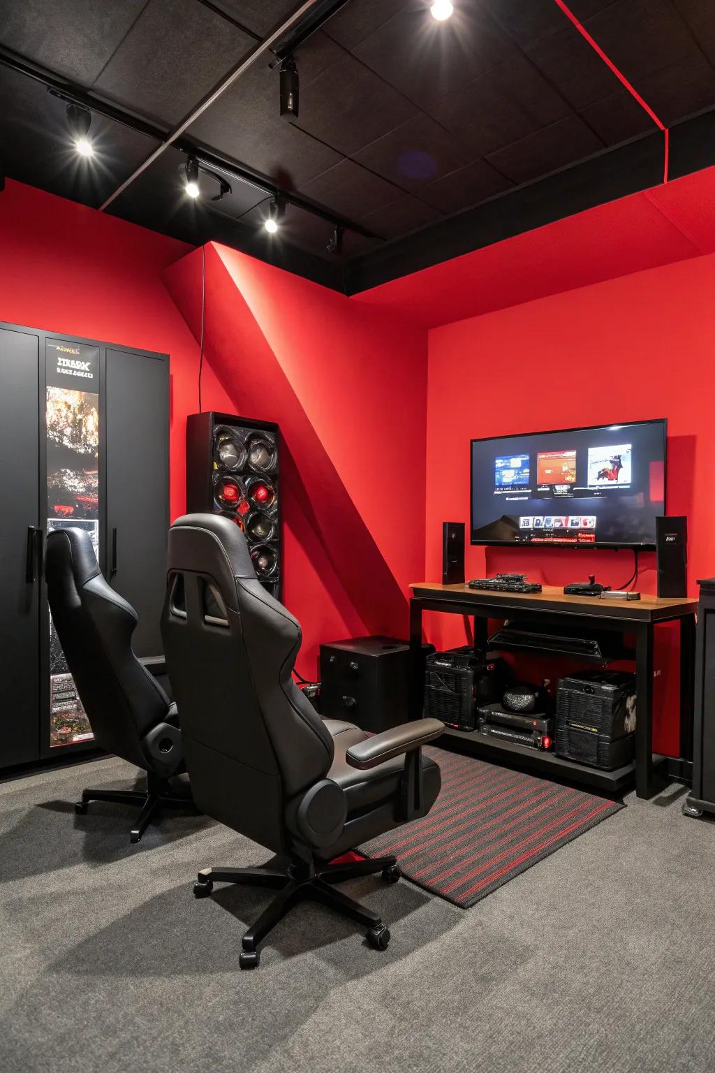 A striking crimson accent wall adds depth and contrast to a black gaming room.