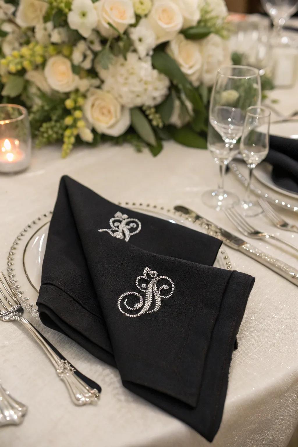 Bespoke ebony napkins displaying a bright monogram.