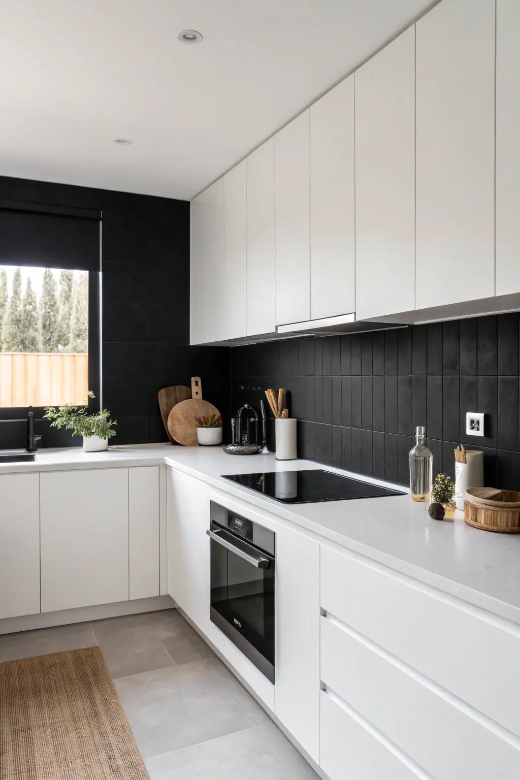 A minimalist approach to design with a simple yet impactful dark backsplash.