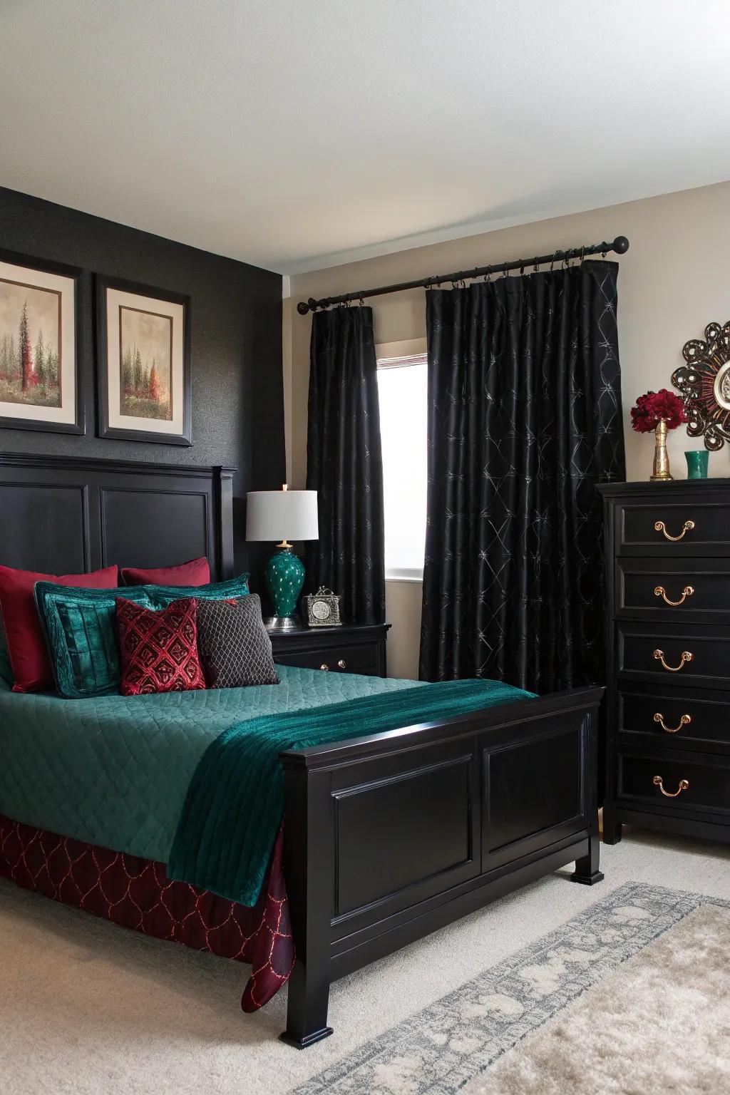 Rich jewel tone accents add a touch of luxury to this bedroom.