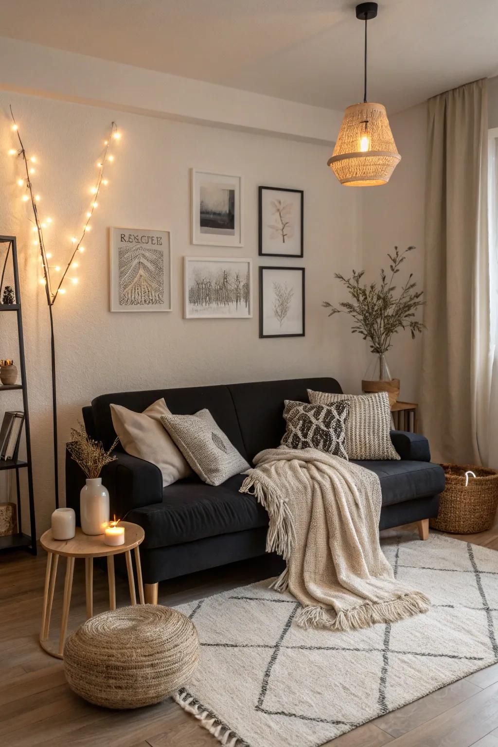 Scandinavian simplicity highlights a dark sofa.