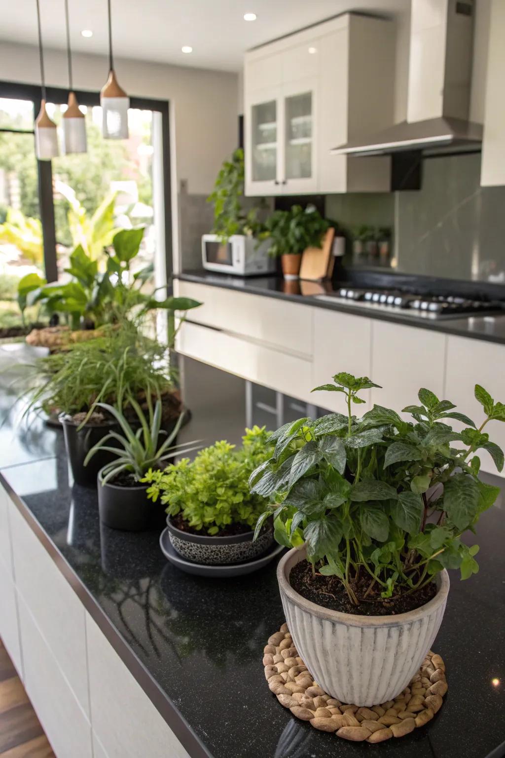 Greenery infusing a refreshing contrast to dark countertops.