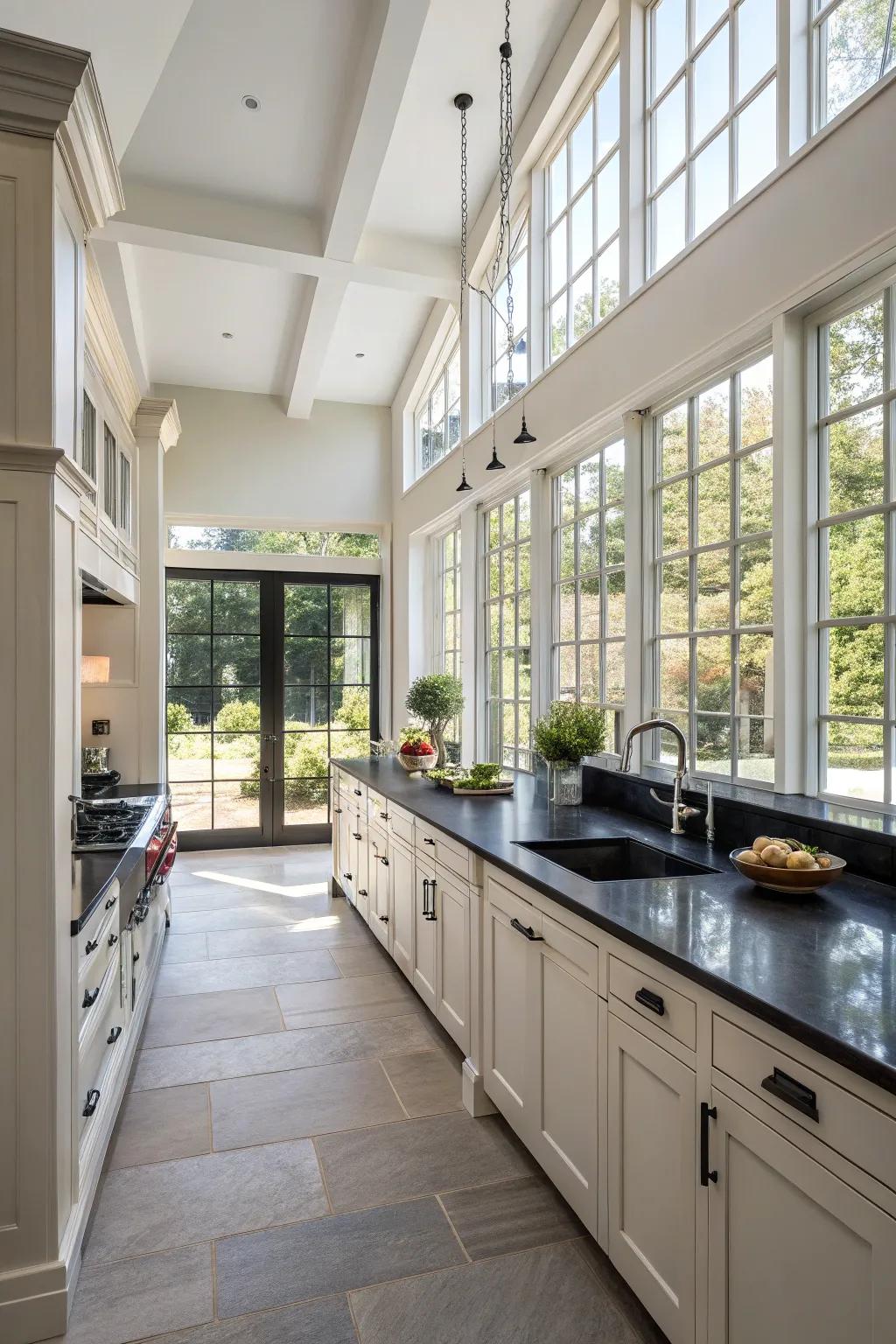 Large windows and smart design keep ebony worktops airy.