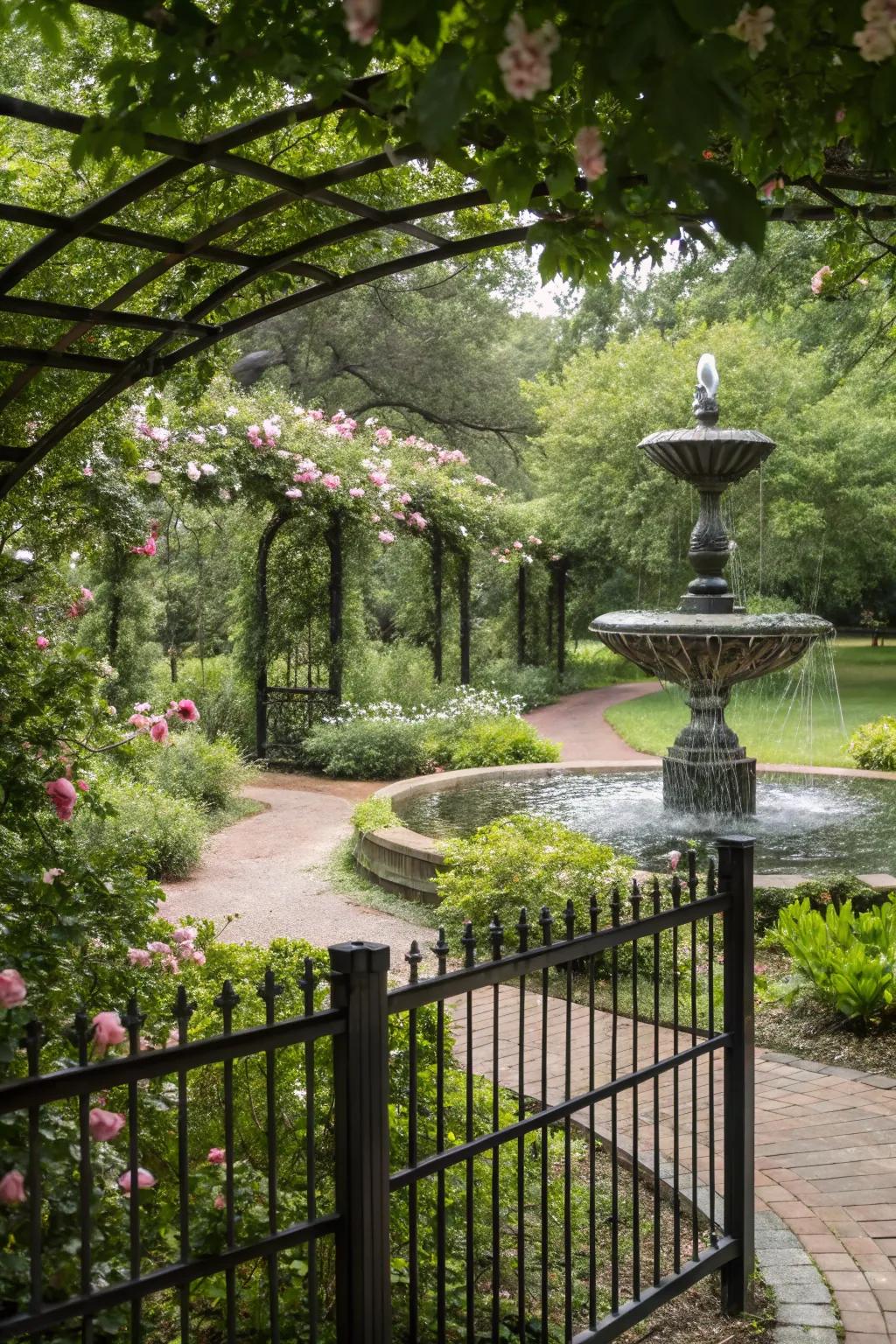 A dark fence enhances the serenity of a garden with an aquatic feature.