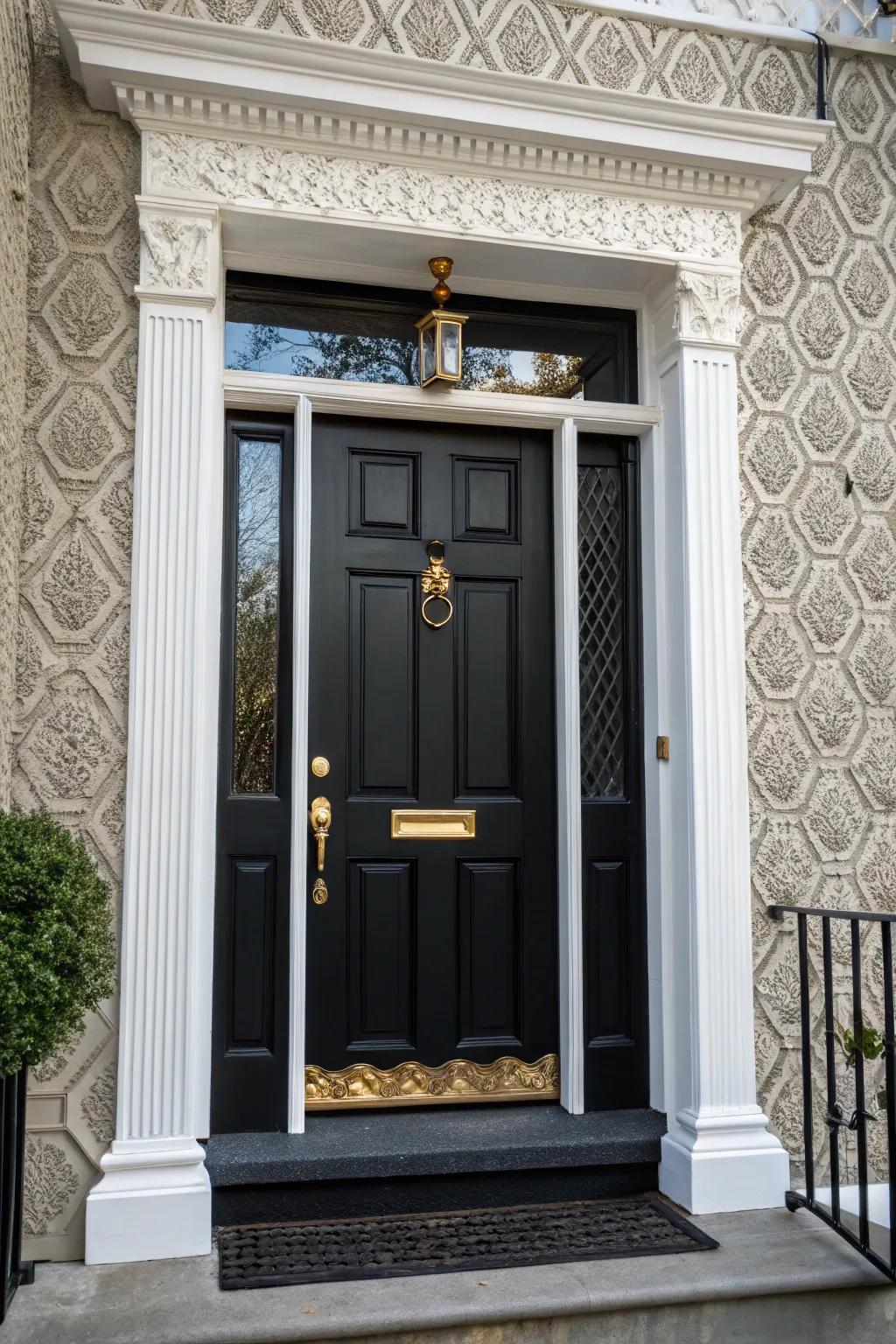 Oversized brass fixtures add a hint of luxury to a black door with white trim.