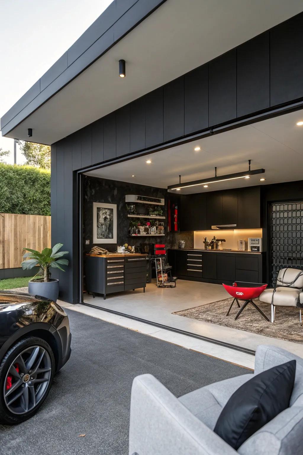 A dark accent wall serves as a striking point of focus.