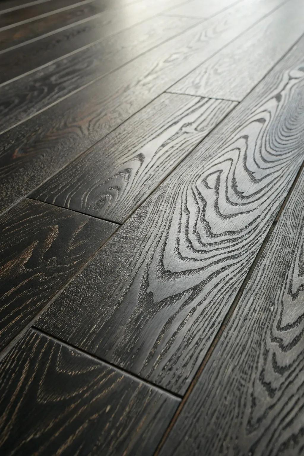 Detailed view of rich texture in dark hardwood floors.