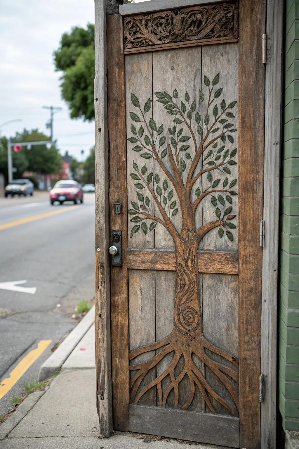 A door design symbolizing the beginnings of Black history through tree illustrations.