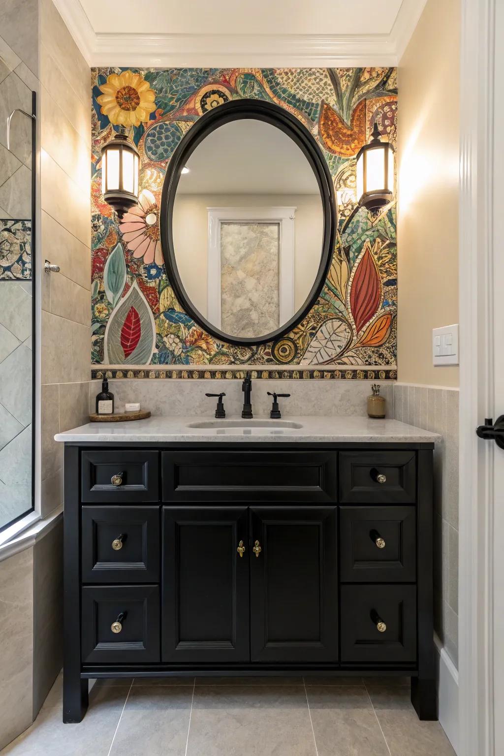 Mosaic surfaces create a striking backdrop for a dark-toned vanity, adding artistic charm.
