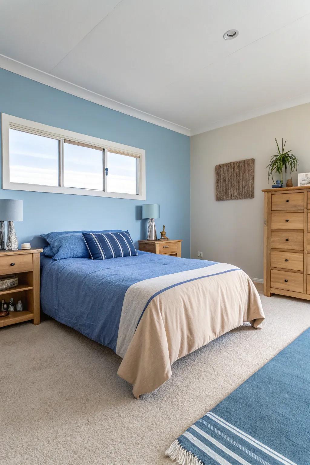 Minimalist décor in azure and sandstone offers a clean, tranquil area.