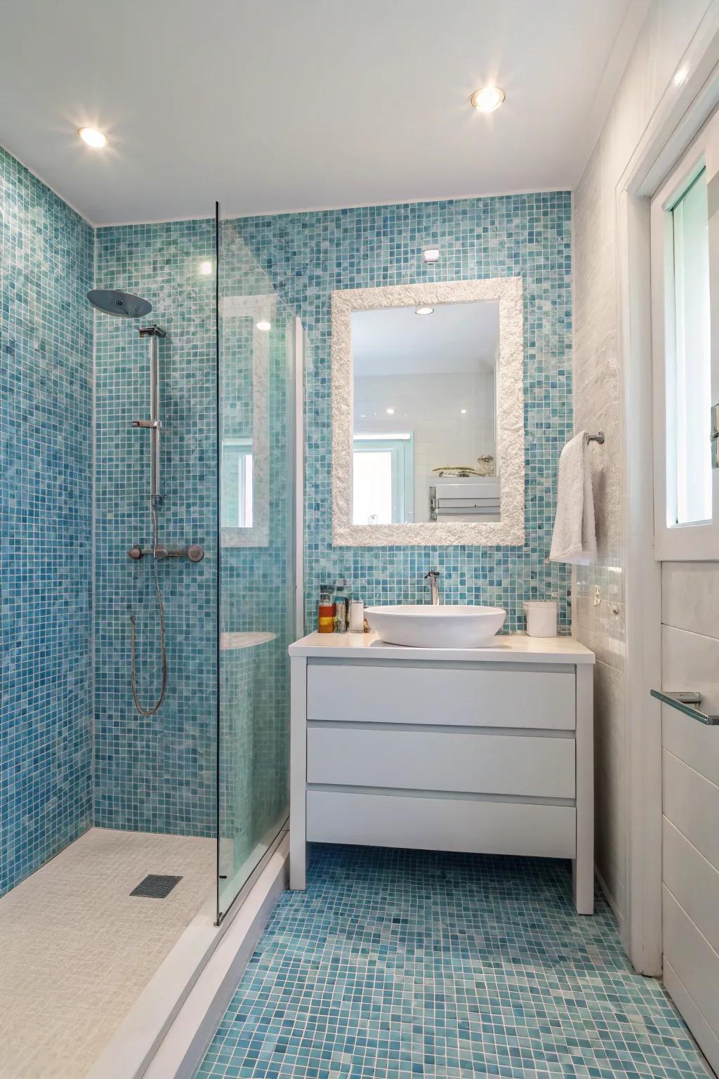 Blue mosaic tiles create a Mediterranean artistic vibe.