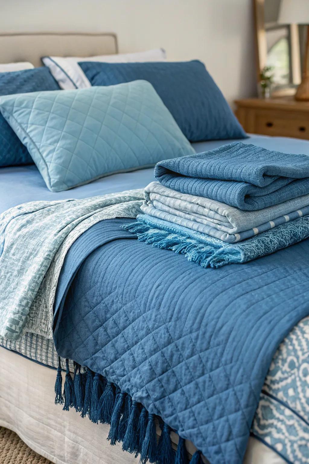 Layered bedding enhances comfort and includes a fashionable touch.