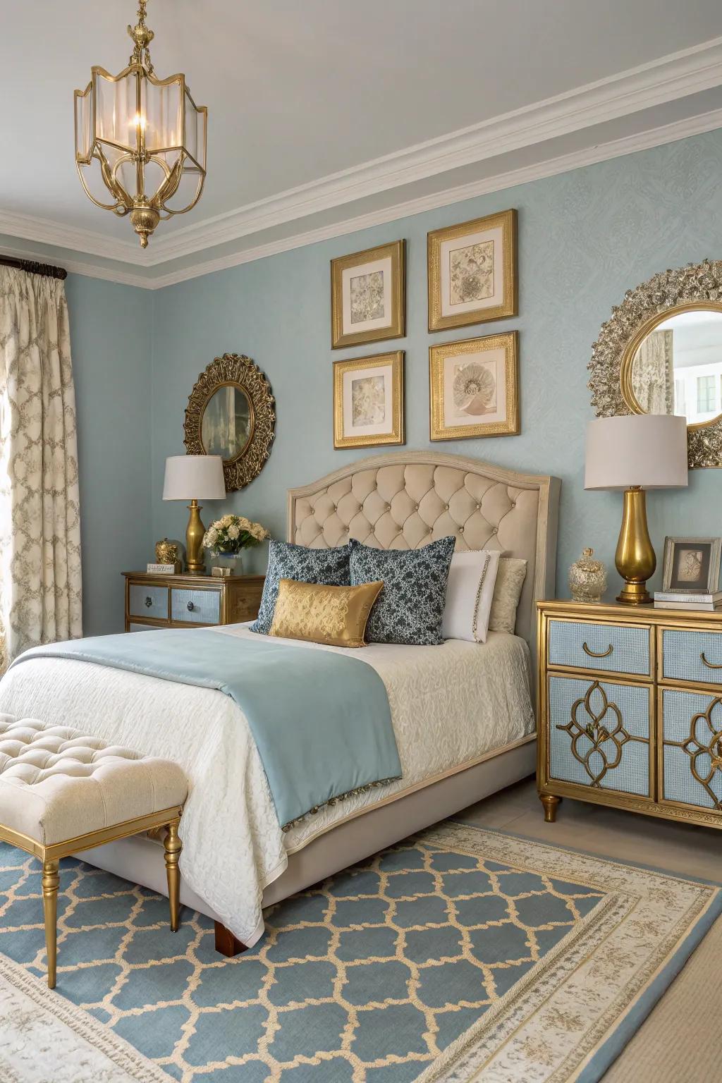 Gilded details add warmth to blue tones.