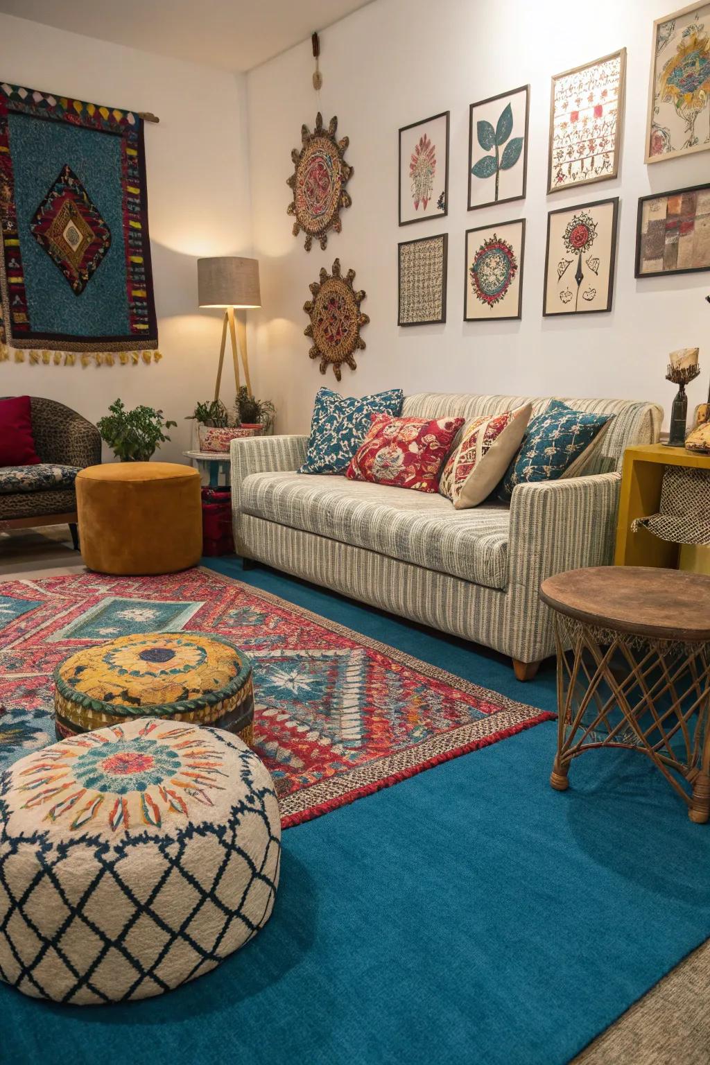 An eclectic intermix transmutes a lounge with blue carpet into a spirited, personalized refuge.