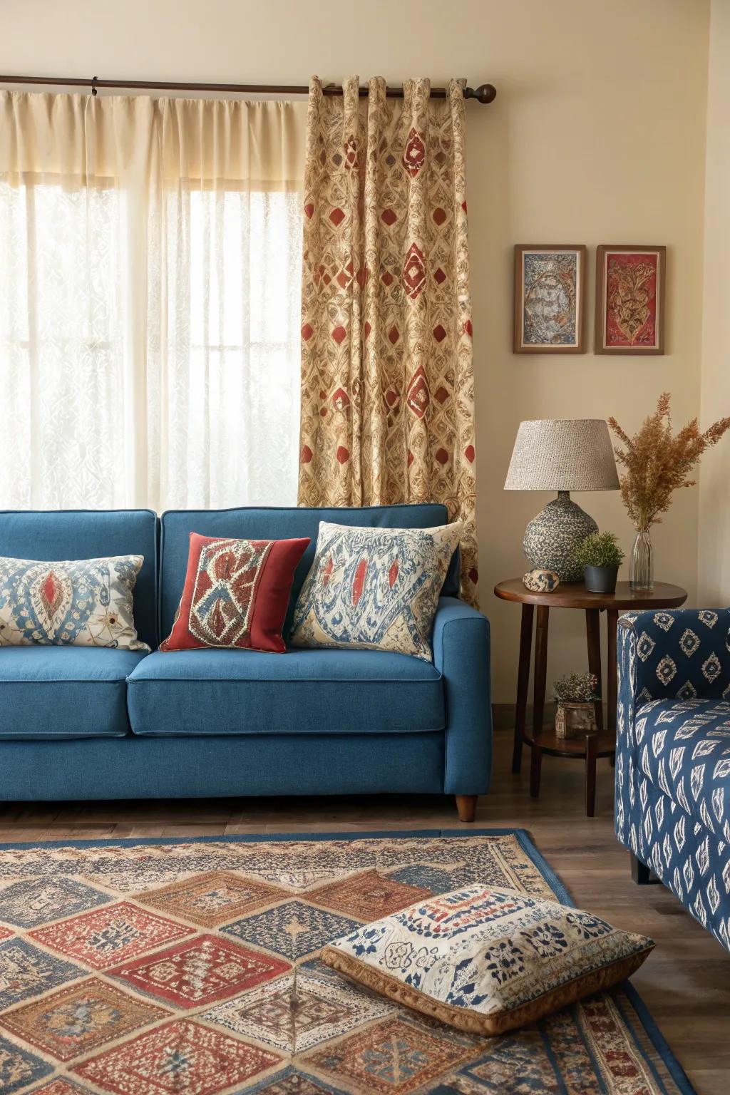 Patterns and prints add dynamic interest to a sapphire sofa setting.