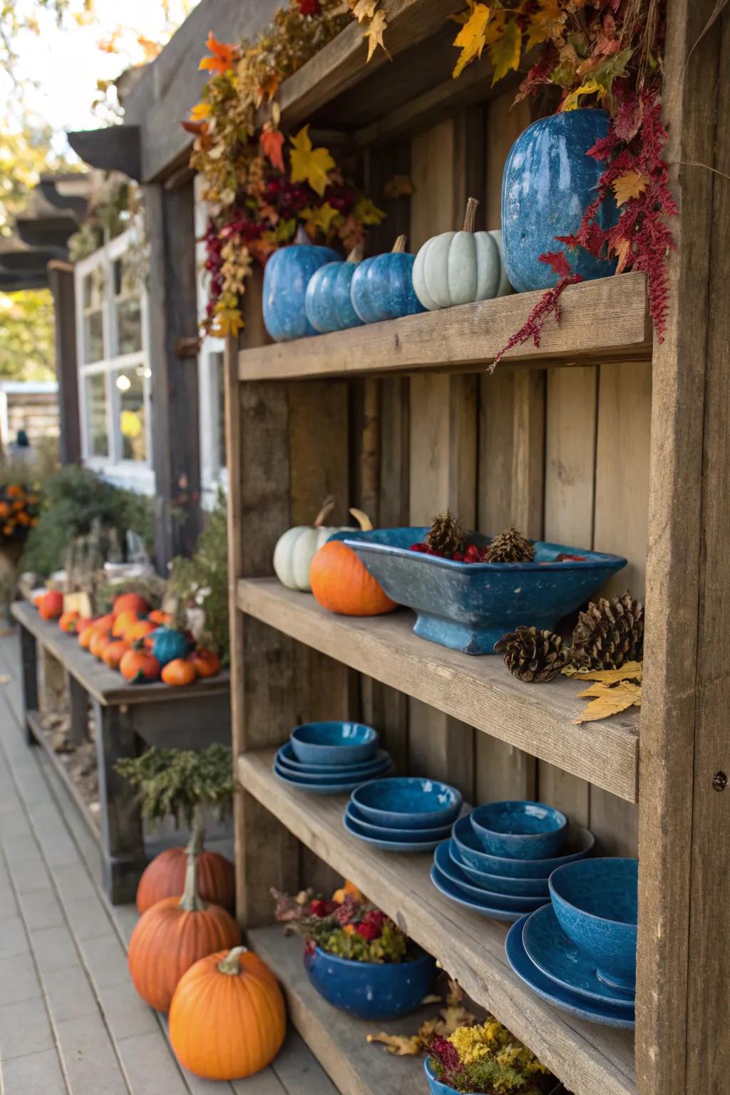 Shelves styled with azure features for fall.