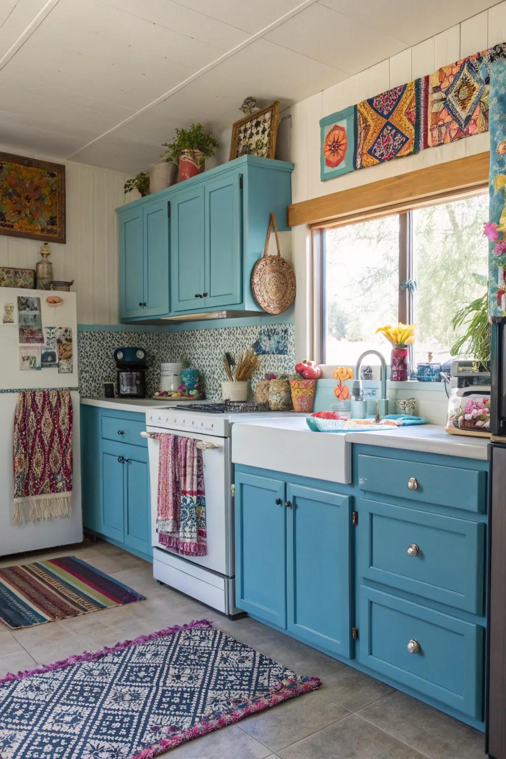 A varied assortment of azure shades in cabinetry crafts an animated and distinctive cooking space.