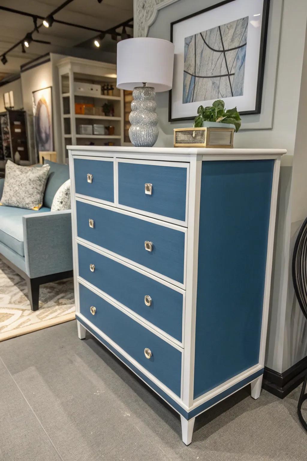 A blue dresser with white accents offering a timeless contrast.