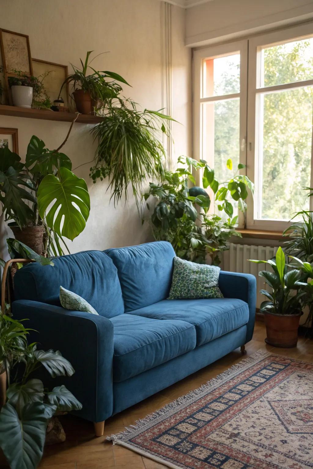 Greenery adds a fresh touch to a sapphire loveseat setup.