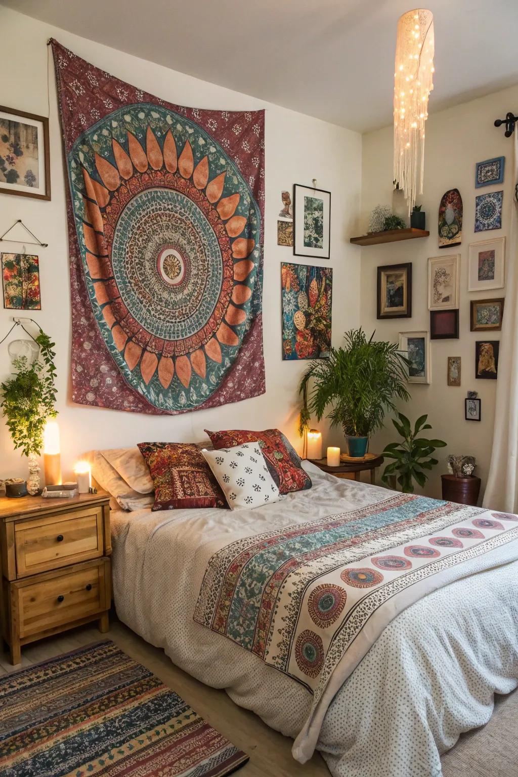 Diverse art introduces personality and flair to bohemian bedrooms.