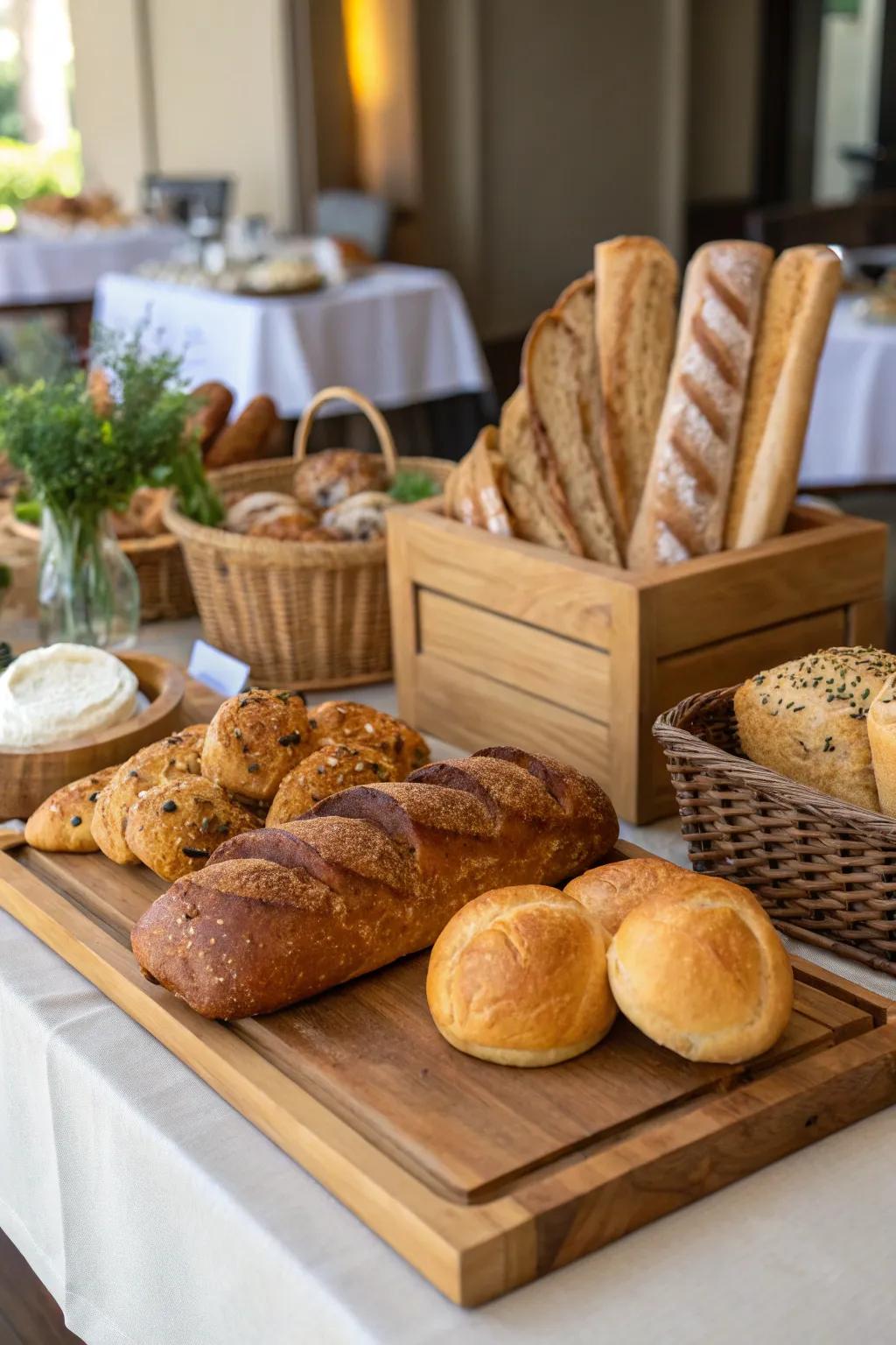 A rustic display of artisanal loaves serves as a scrumptious centerpiece.