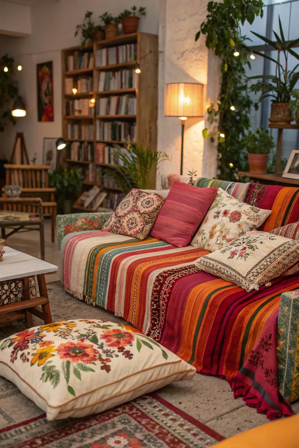 A dynamic blend of patterns in a bohemian setting.