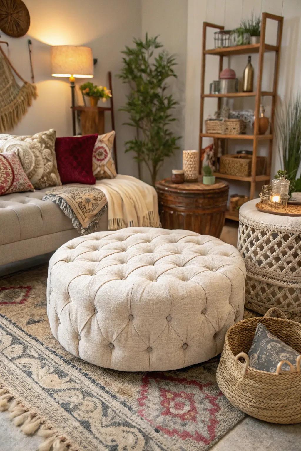 A tufted stool serves as a stylish and functional centerpiece.