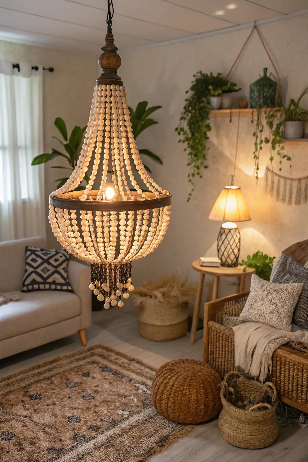 A timber bead light fitting imbuing rustic sophistication to a living space.
