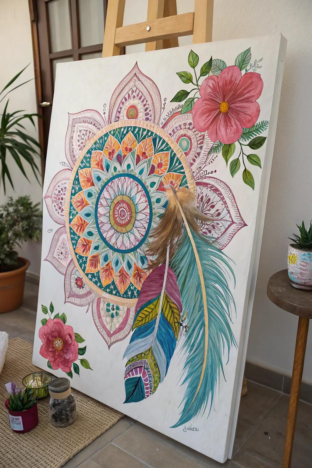 A boho painting blending diverse elements into a captivating visual tapestry.
