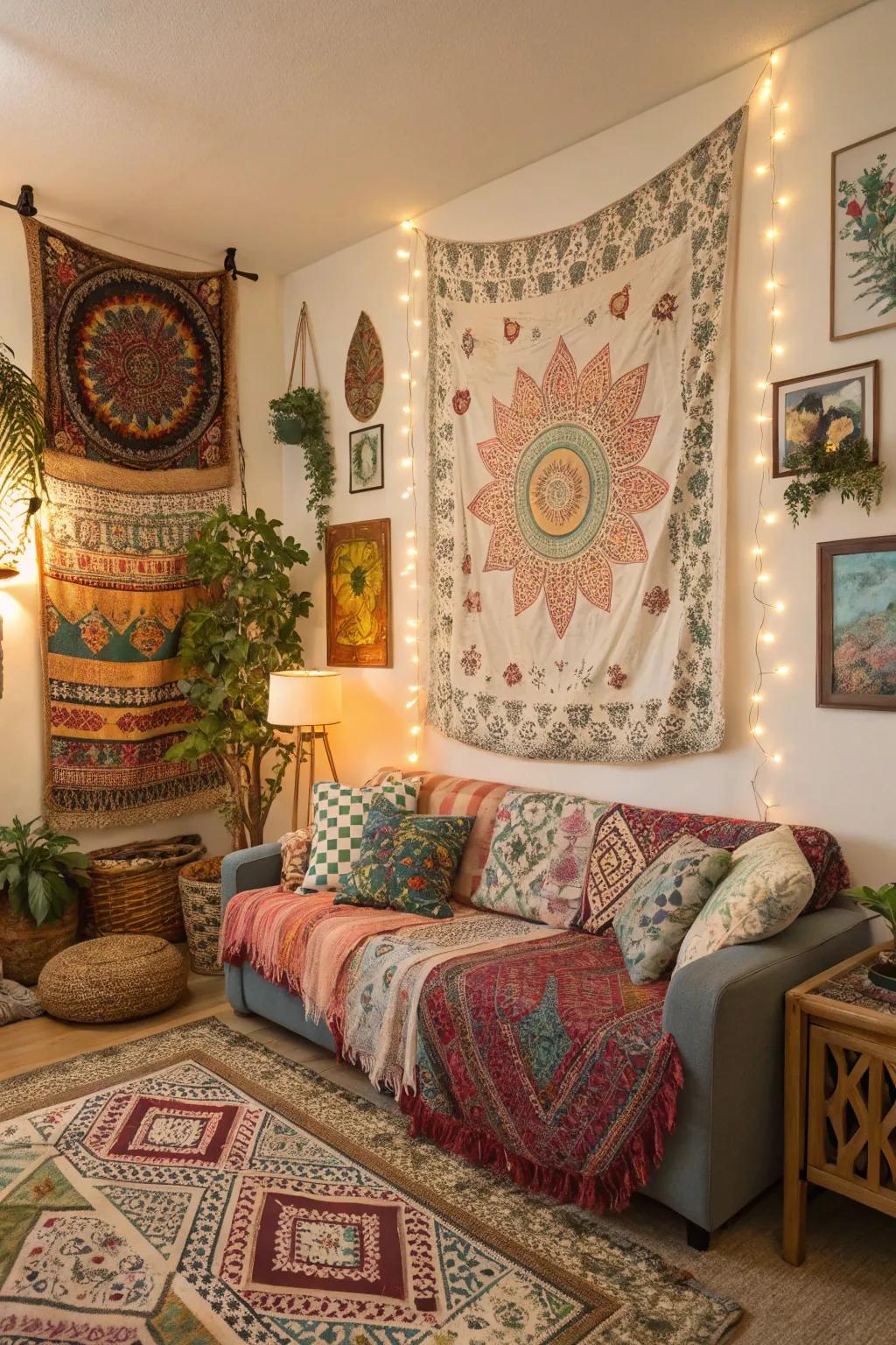Layered patterns add life and depth to a bohemian room.