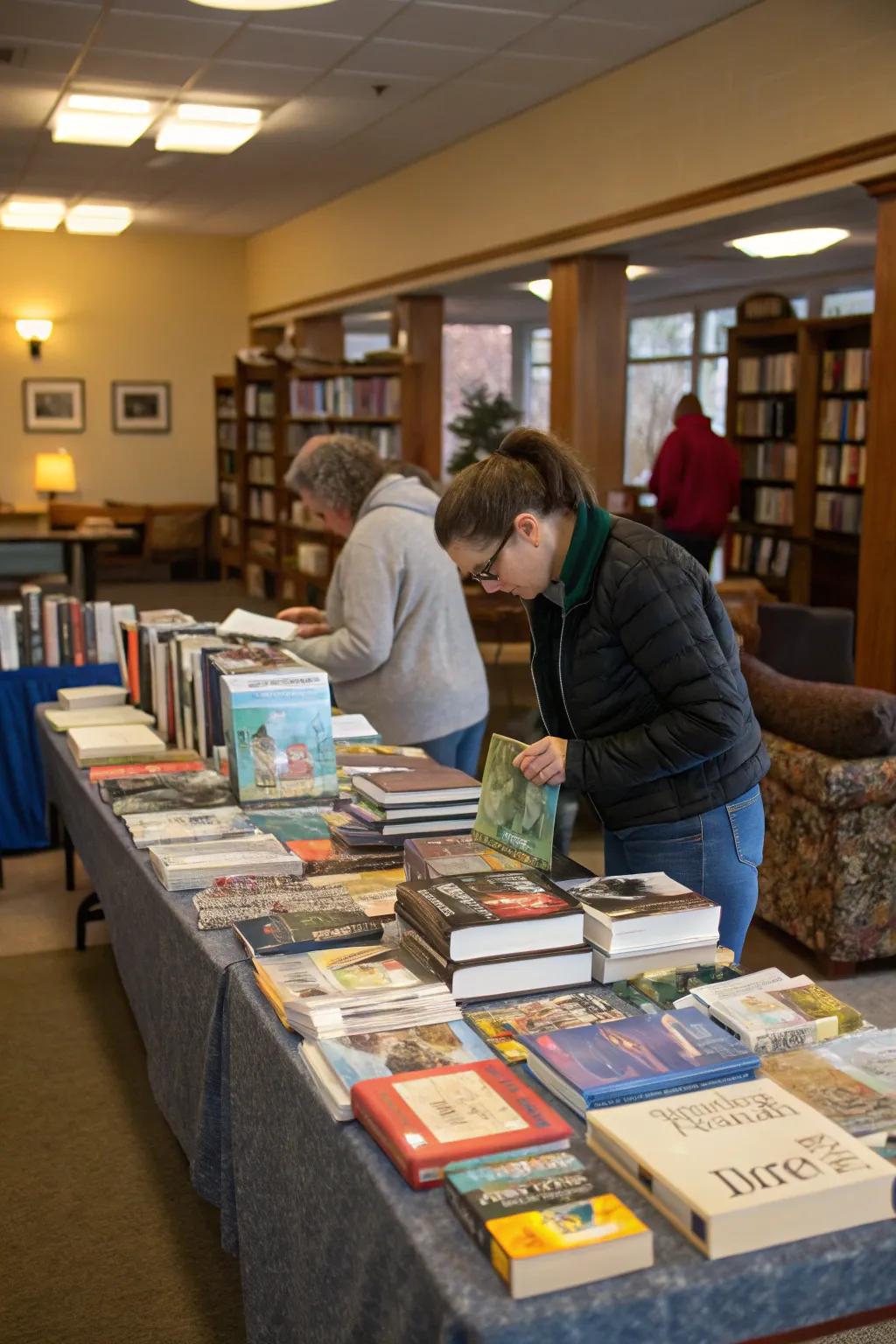A volume exchange station where attendees can trade literary works.