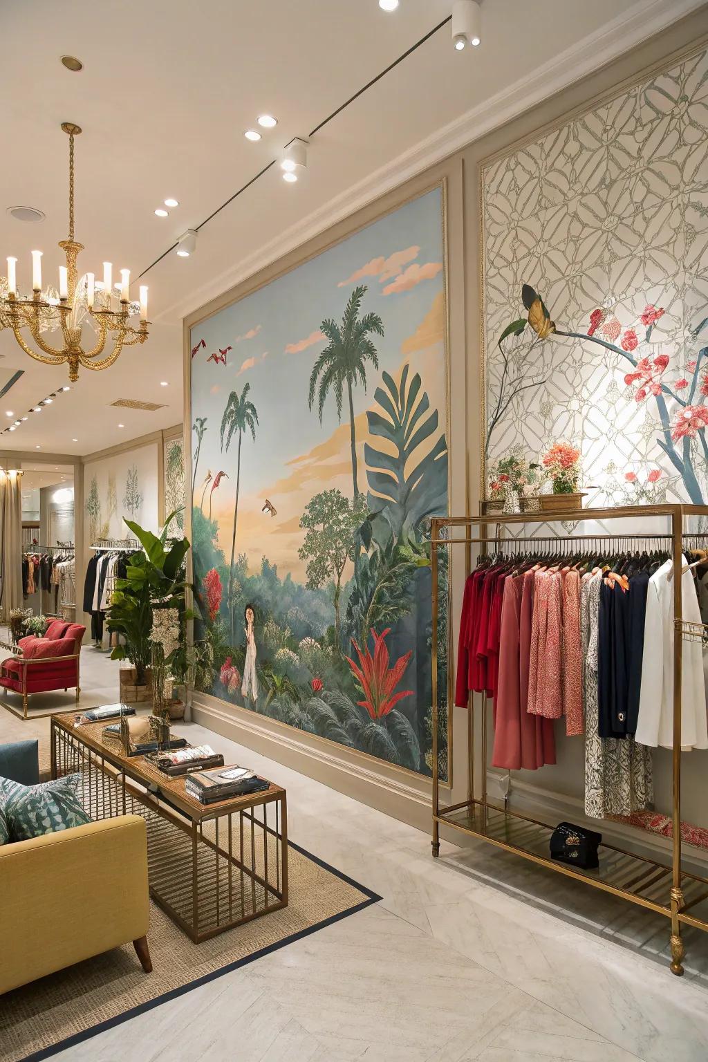 A boutique interior showcasing a stunning wall painting, adding dimension and visual appeal to the space.