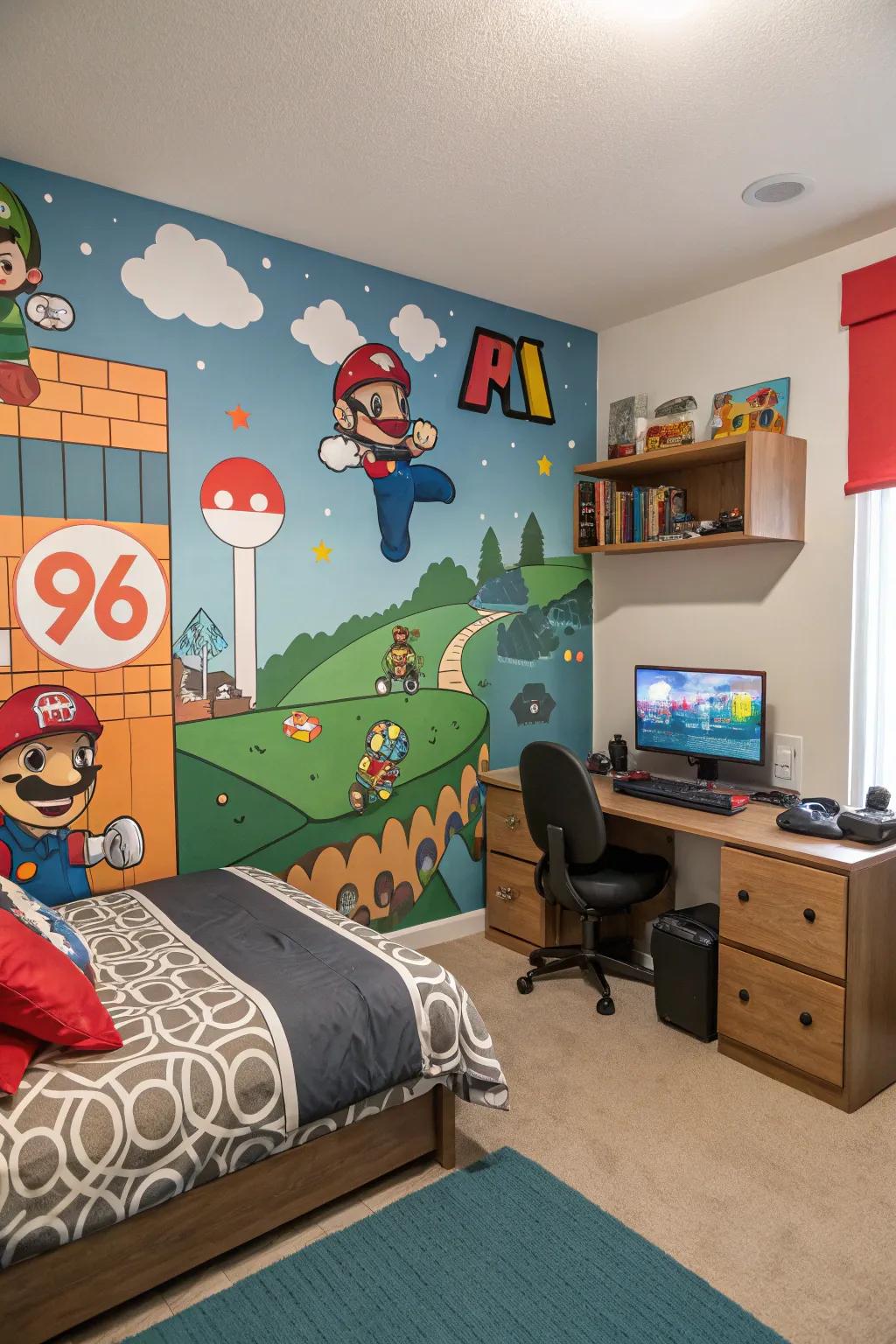 A bespoke mural enriches the space with a distinct and audacious attribute.