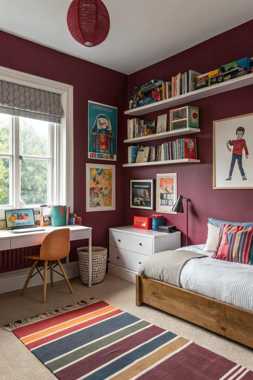Crimson tones establish a dynamic and versatile space.