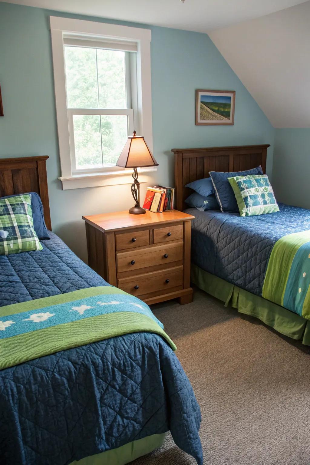 A shared bedside table encourages a sense of togetherness.