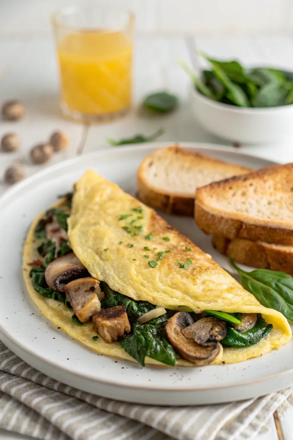 A classic omelet filled with fresh herb and champignons.