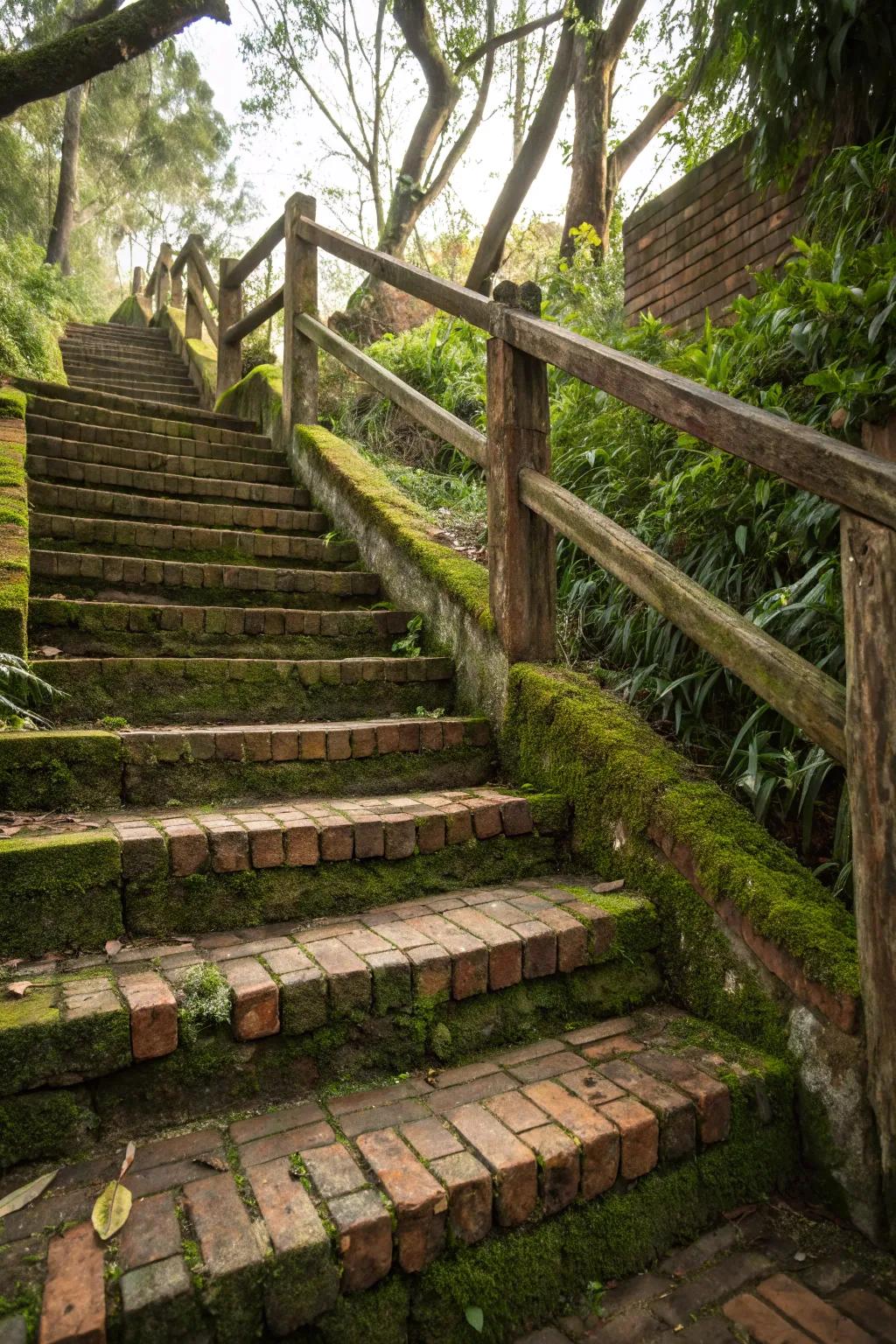 Brick and lumber steps presenting a warm, textured aesthetic.