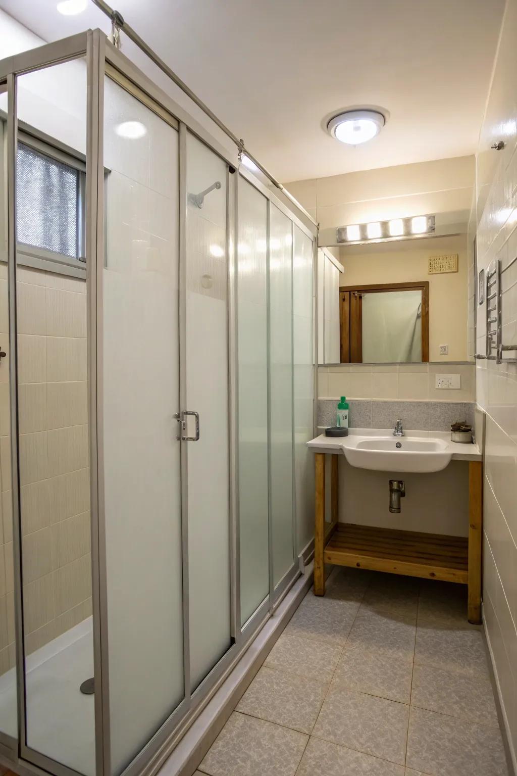 This compact bathroom utilizes transparent dividers for ideal space use.