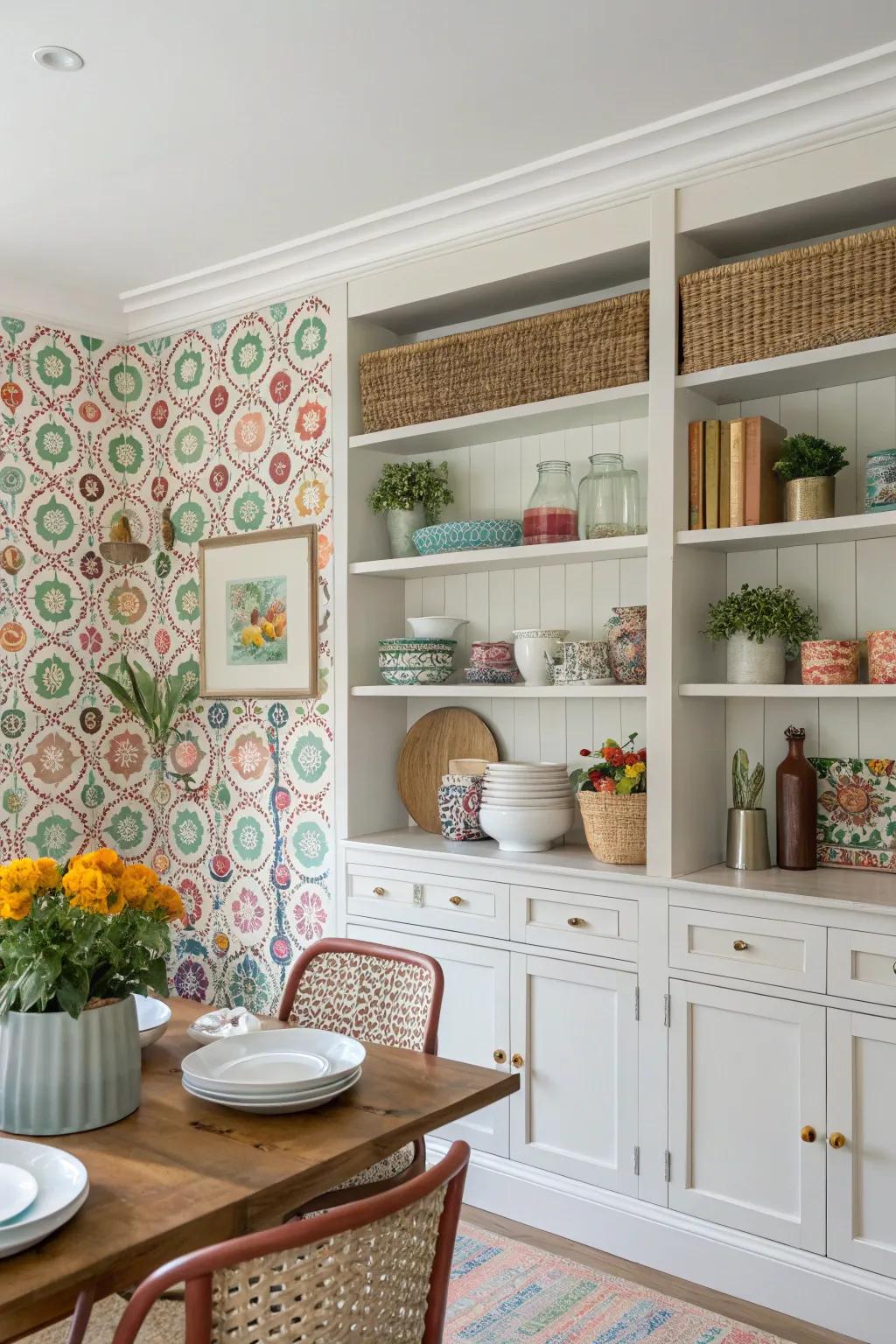 Open shelves that feature a decorative wallpaper backdrop for added style.