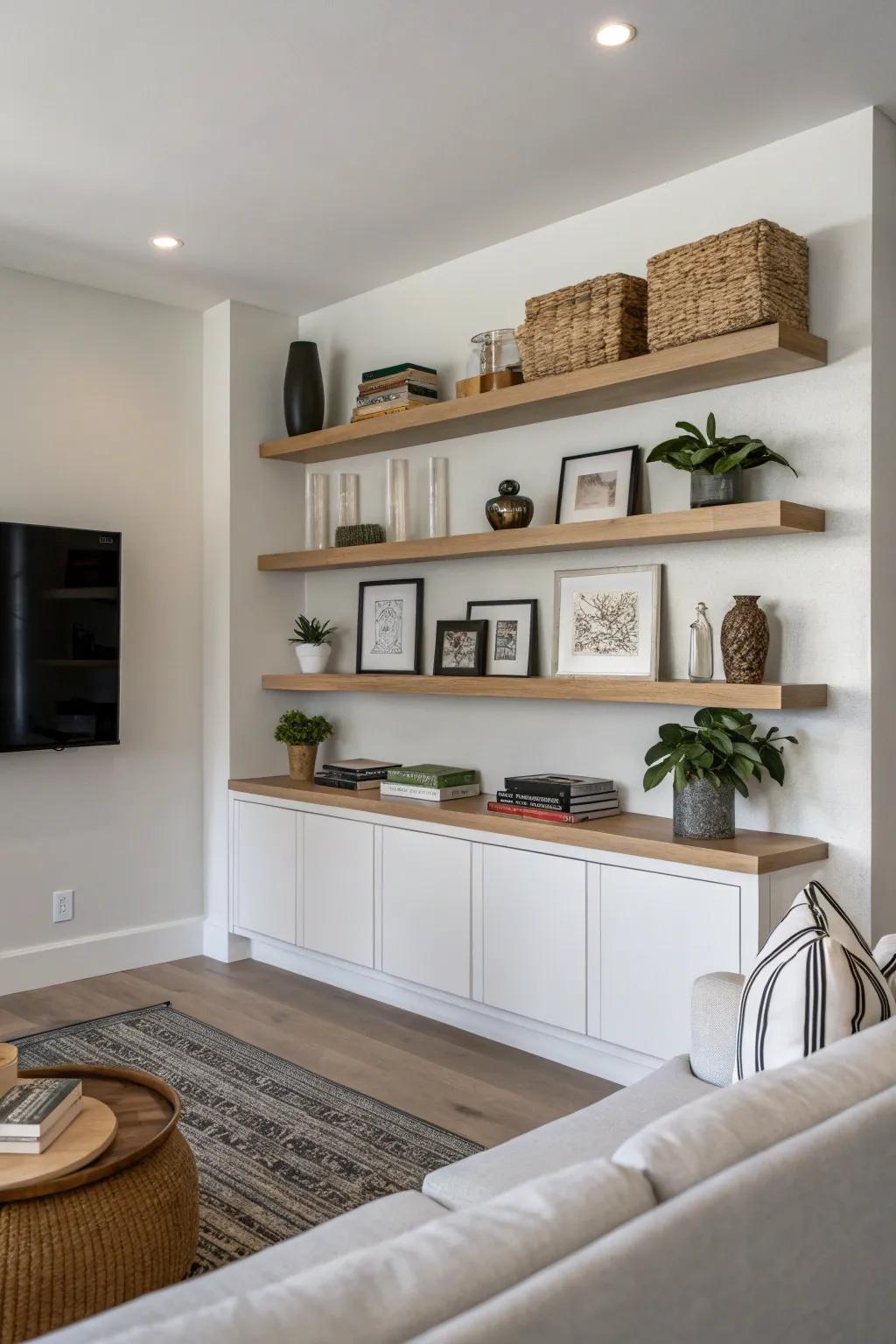 Overhanging shelves furnish a streamlined and contemporary visual.