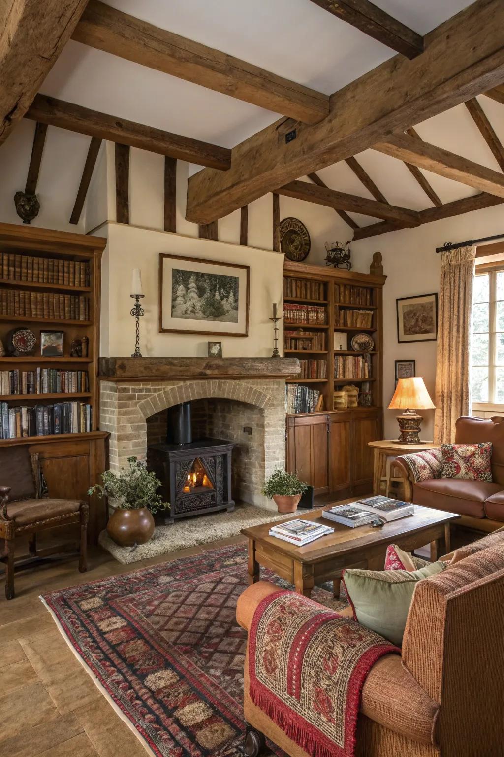 Rustic details bring warmth and character to the fireplace's built-in features.