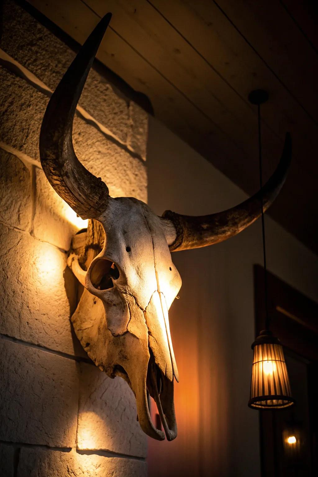 Dramatic backlighting enhancing a bull skull's features.