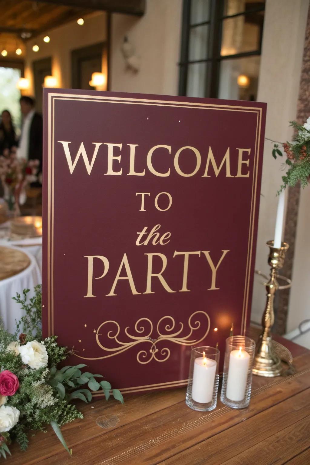 Customized signage in claret and gold offers a warm welcome to guests.