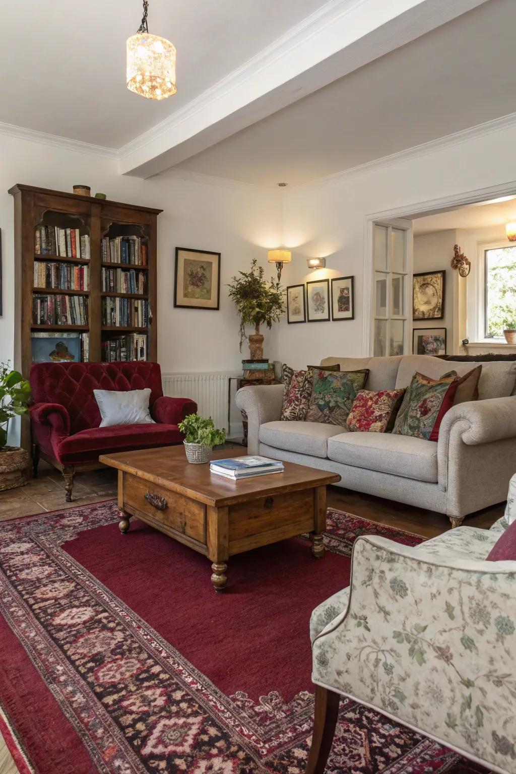 An eclectic blend of decor styles brings out the character of a deep red floor covering.